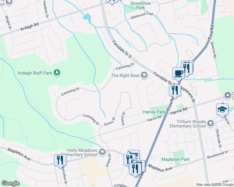 map of restaurants, bars, coffee shops, grocery stores, and more near 85 Emms Drive in Barrie