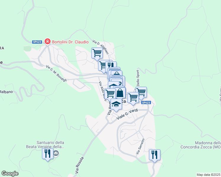 map of restaurants, bars, coffee shops, grocery stores, and more near 78A Via del Mercato in Zocca