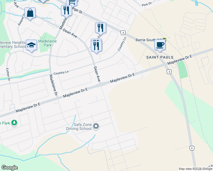 map of restaurants, bars, coffee shops, grocery stores, and more near 581 Mapleview Drive East in Barrie