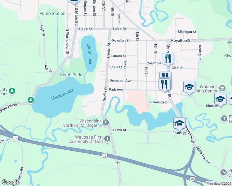 map of restaurants, bars, coffee shops, grocery stores, and more near 540 Park Avenue in Waupaca