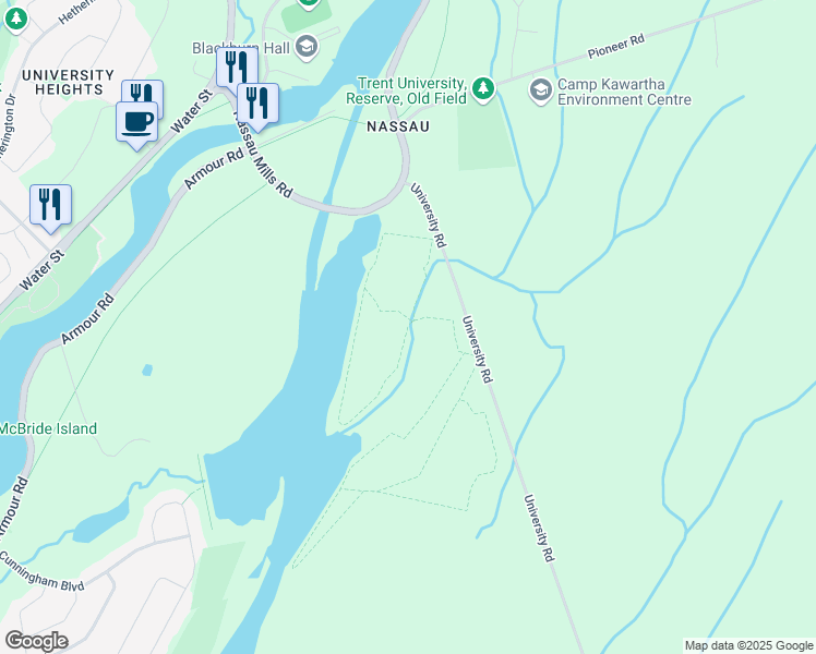map of restaurants, bars, coffee shops, grocery stores, and more near John de Pencier Trail in Peterborough