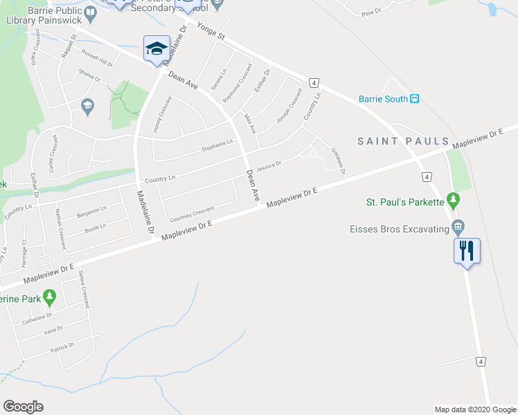 map of restaurants, bars, coffee shops, grocery stores, and more near 642 Mapleview Drive East in Barrie