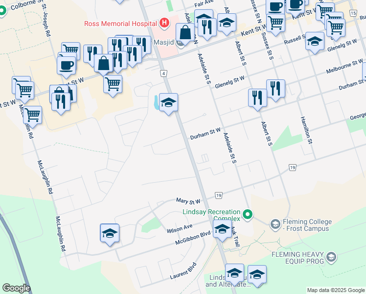 map of restaurants, bars, coffee shops, grocery stores, and more near in Kawartha Lakes