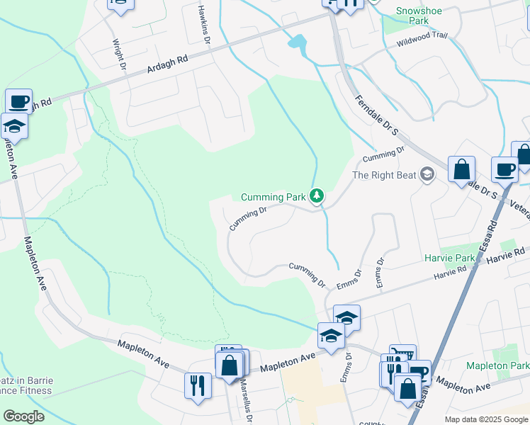 map of restaurants, bars, coffee shops, grocery stores, and more near 99 Cumming Drive in Barrie