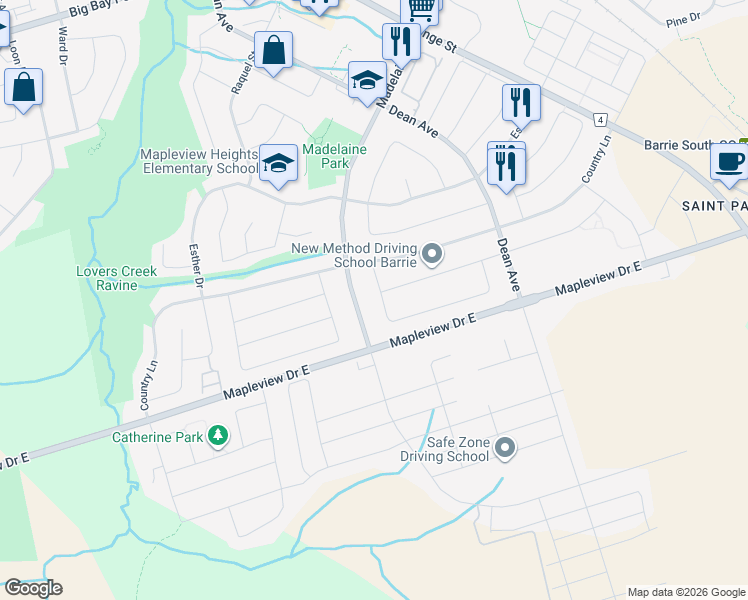 map of restaurants, bars, coffee shops, grocery stores, and more near 19 Courtney Crescent in Barrie