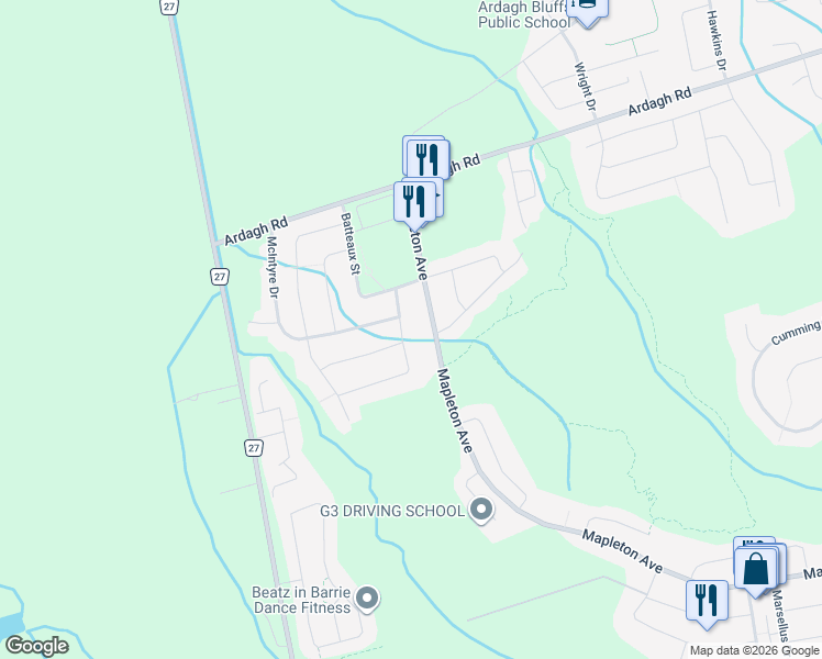map of restaurants, bars, coffee shops, grocery stores, and more near 21 Silver Trail in Barrie