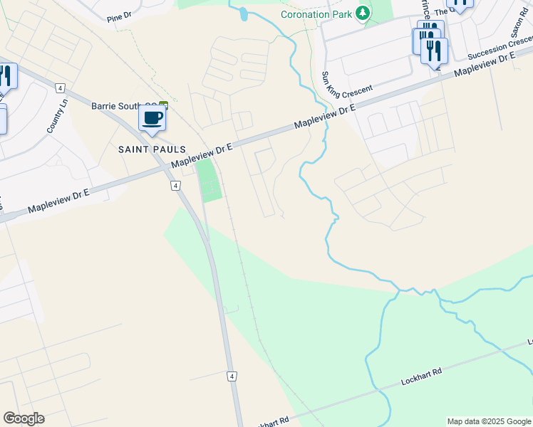 map of restaurants, bars, coffee shops, grocery stores, and more near 2109 Mapleview Drive East in Barrie