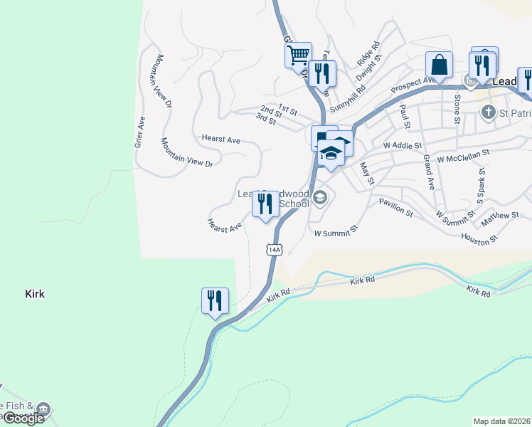 map of restaurants, bars, coffee shops, grocery stores, and more near U.S. 14 Alternate in Lead