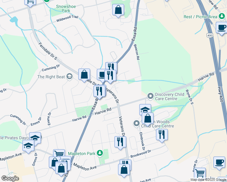 map of restaurants, bars, coffee shops, grocery stores, and more near 339 Veterans Drive in Barrie