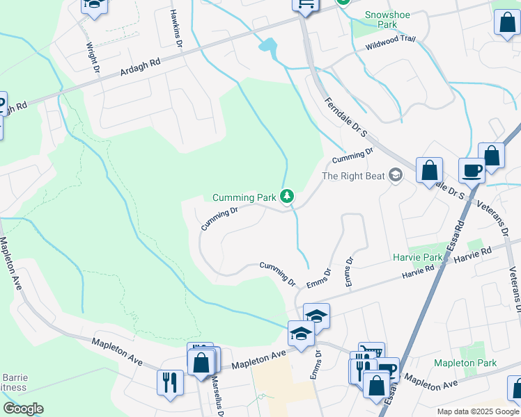 map of restaurants, bars, coffee shops, grocery stores, and more near 2 Stapleton Place in Barrie