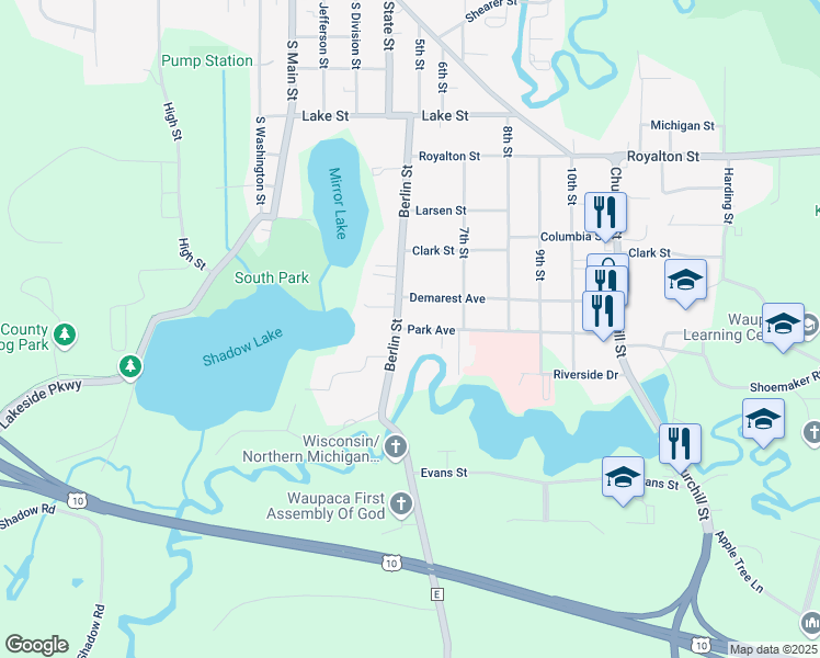 map of restaurants, bars, coffee shops, grocery stores, and more near 540 Park Avenue in Waupaca