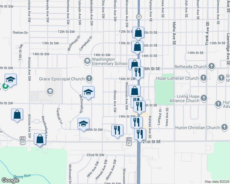 map of restaurants, bars, coffee shops, grocery stores, and more near 1698 Illinois Ave SW in Huron