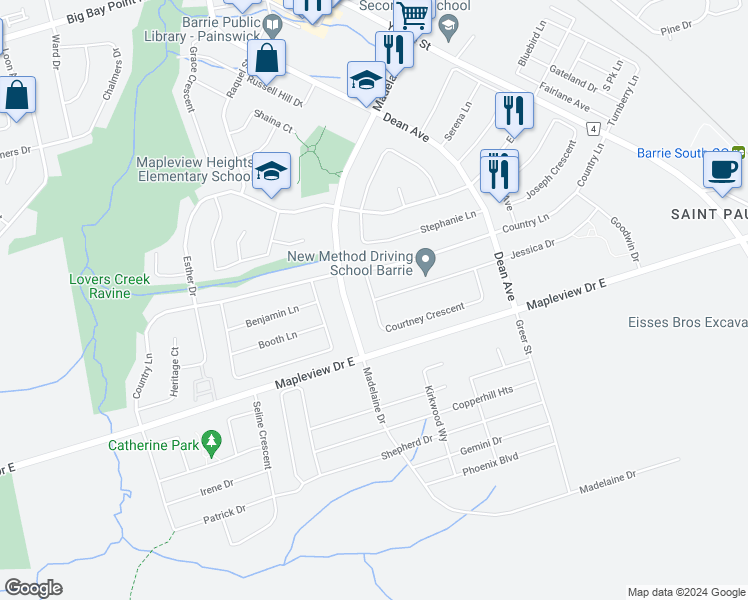 map of restaurants, bars, coffee shops, grocery stores, and more near 16 Courtney Crescent in Barrie