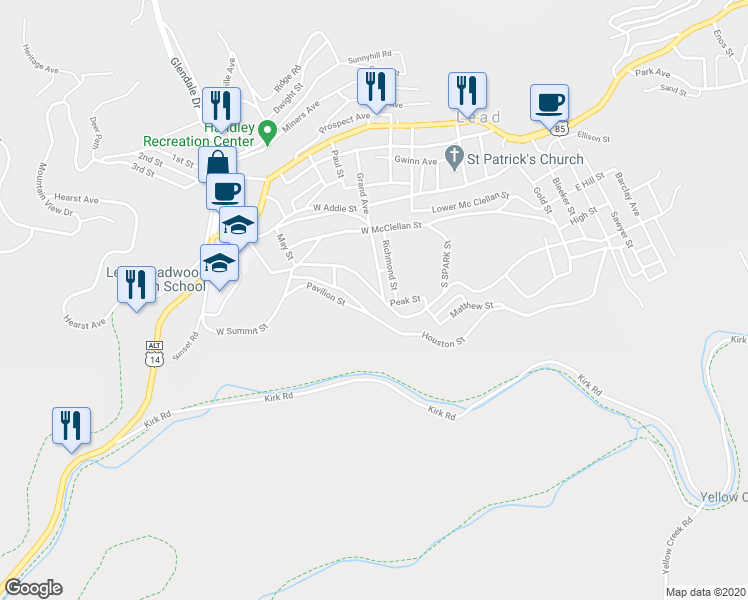 map of restaurants, bars, coffee shops, grocery stores, and more near 605 West Summit Street in Lead