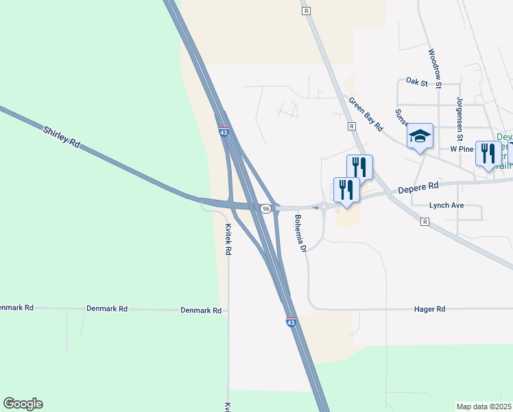 map of restaurants, bars, coffee shops, grocery stores, and more near De Pere Road in Denmark