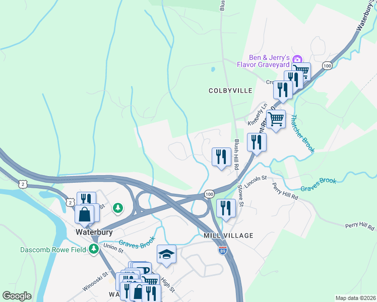 map of restaurants, bars, coffee shops, grocery stores, and more near 73 Ashford Lane in Waterbury Village Historic District