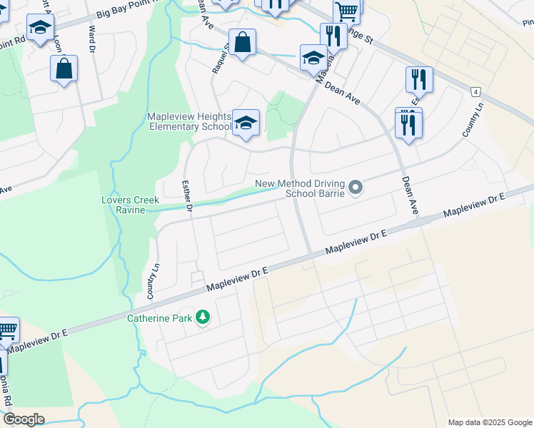 map of restaurants, bars, coffee shops, grocery stores, and more near 40 Benjamin Lane in Barrie