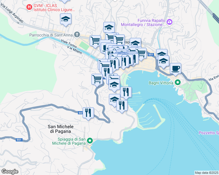map of restaurants, bars, coffee shops, grocery stores, and more near 16 Via Marco Polo in Rapallo