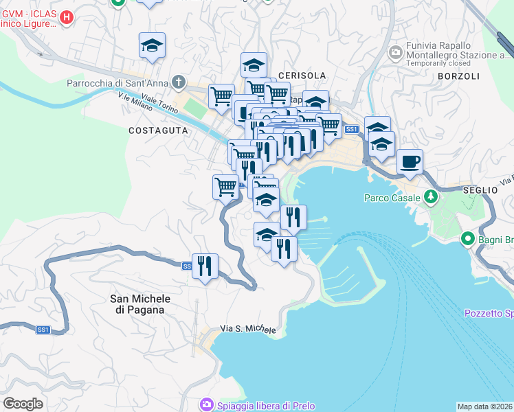 map of restaurants, bars, coffee shops, grocery stores, and more near 16 Via Marco Polo in Rapallo