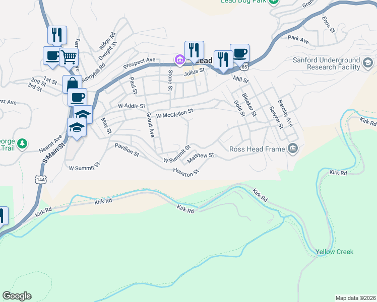 map of restaurants, bars, coffee shops, grocery stores, and more near 416 Matthew Street in Lead