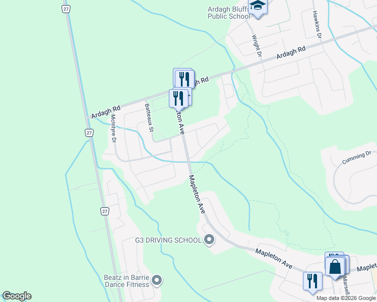map of restaurants, bars, coffee shops, grocery stores, and more near 425 Mapleton Avenue in Barrie