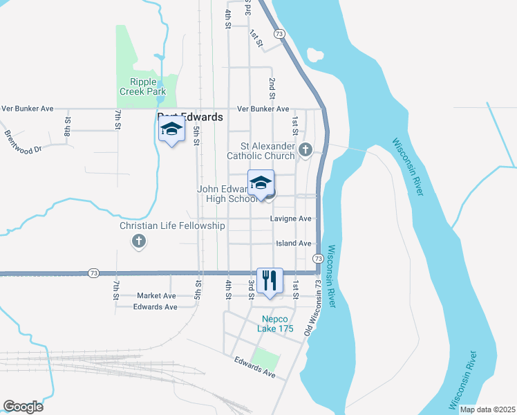 map of restaurants, bars, coffee shops, grocery stores, and more near 801 2nd Street in Port Edwards