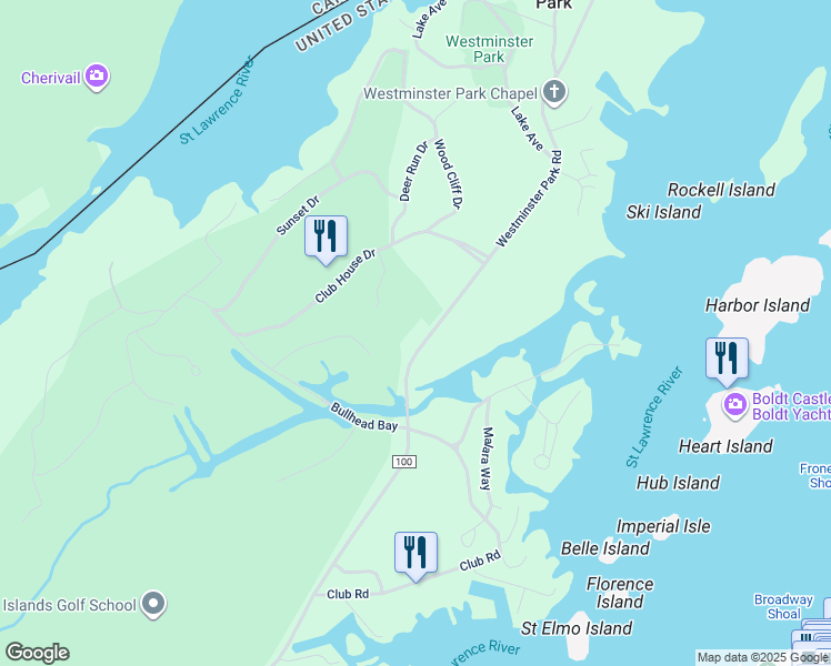 map of restaurants, bars, coffee shops, grocery stores, and more near 44721-45853 Westminster Park Road in Wellesley Island