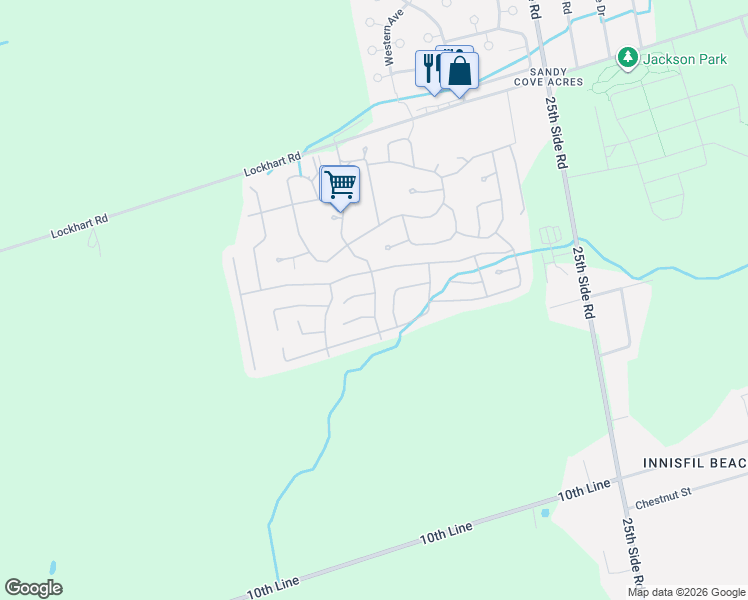 map of restaurants, bars, coffee shops, grocery stores, and more near 58 Linden Lane in Innisfil