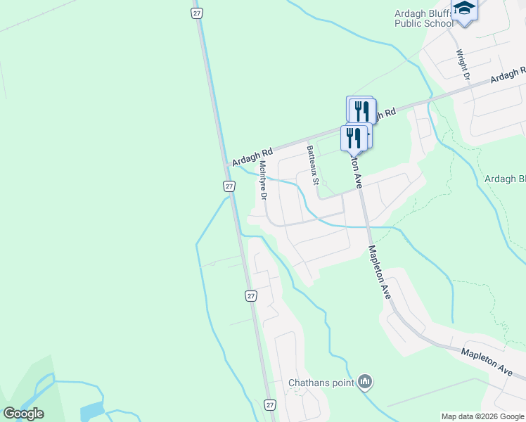 map of restaurants, bars, coffee shops, grocery stores, and more near 73 McIntyre Drive in Barrie