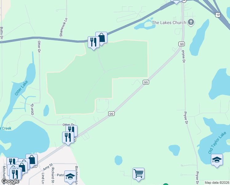 map of restaurants, bars, coffee shops, grocery stores, and more near 1000 County Road QQ in Waupaca