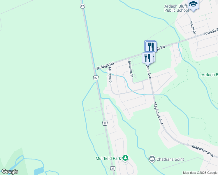map of restaurants, bars, coffee shops, grocery stores, and more near 61 McIntyre Drive in Barrie