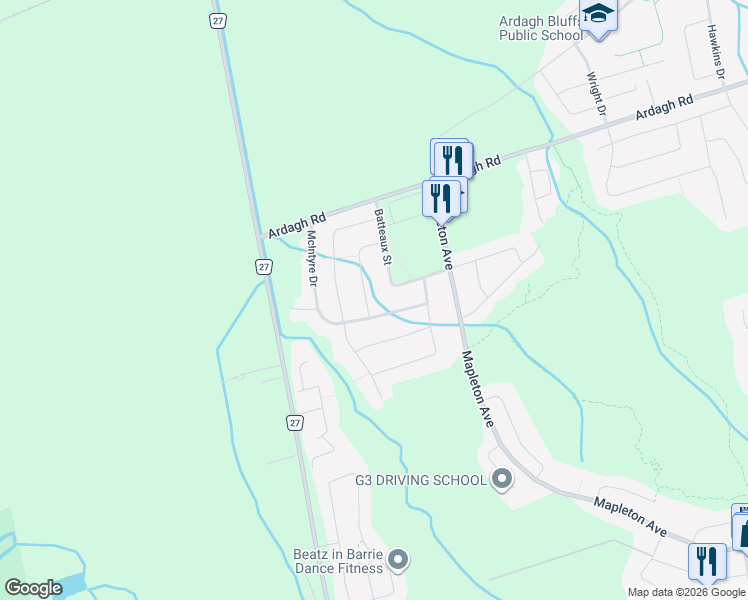 map of restaurants, bars, coffee shops, grocery stores, and more near 53 Lamont Crescent in Barrie