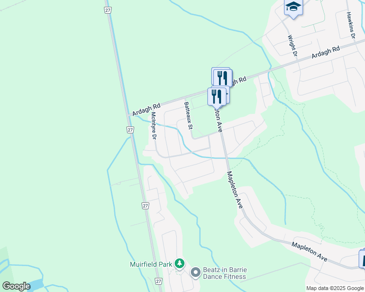 map of restaurants, bars, coffee shops, grocery stores, and more near 53 Lamont Crescent in Barrie