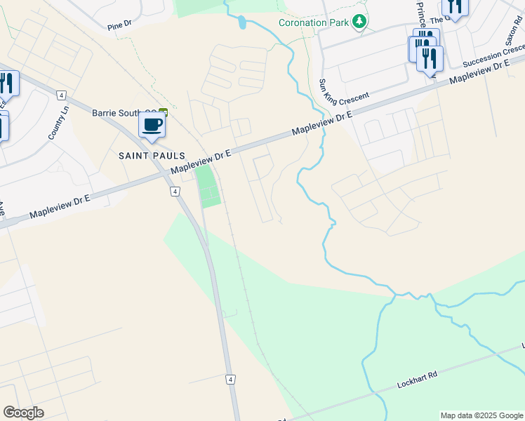 map of restaurants, bars, coffee shops, grocery stores, and more near Culinary Lane in Barrie