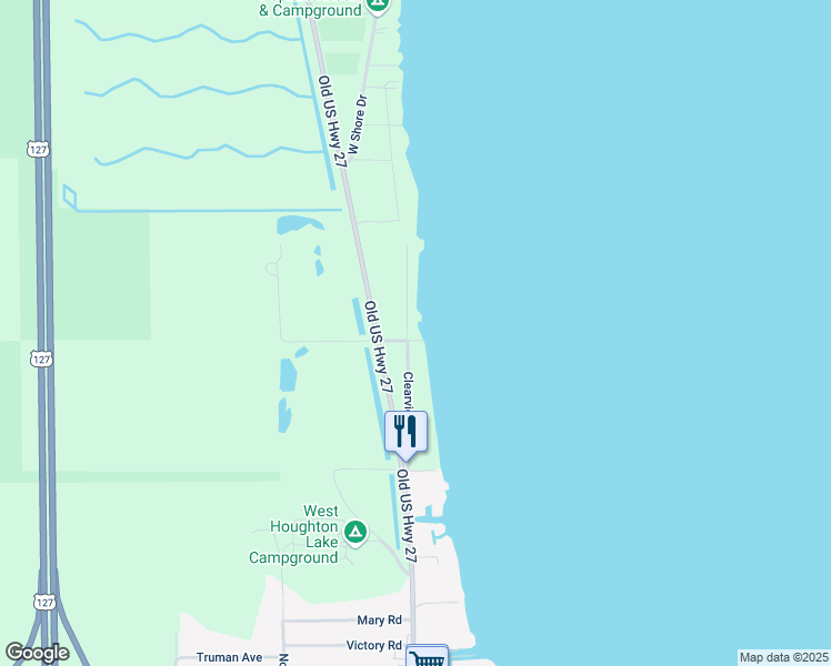 map of restaurants, bars, coffee shops, grocery stores, and more near 202 Clearview Drive in Houghton Lake