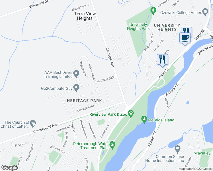 map of restaurants, bars, coffee shops, grocery stores, and more near 403 Carriage Lane in Peterborough
