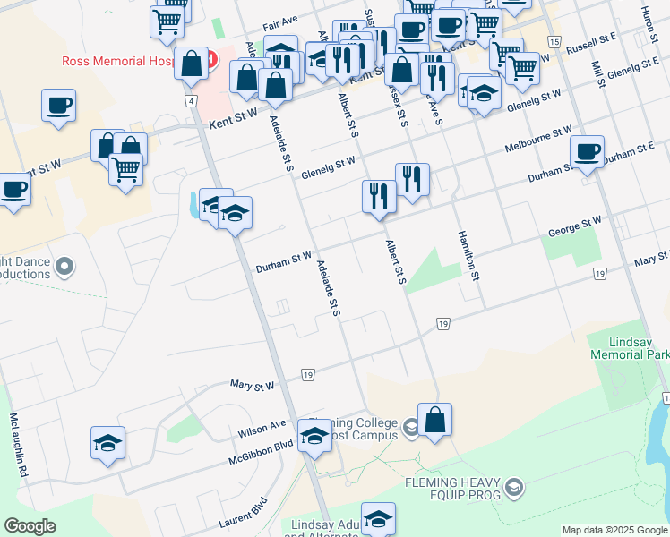 map of restaurants, bars, coffee shops, grocery stores, and more near 124 Durham Street West in Kawartha Lakes