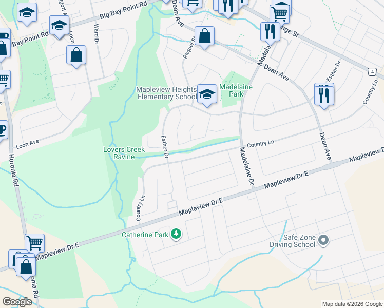 map of restaurants, bars, coffee shops, grocery stores, and more near 98 Country Lane in Barrie