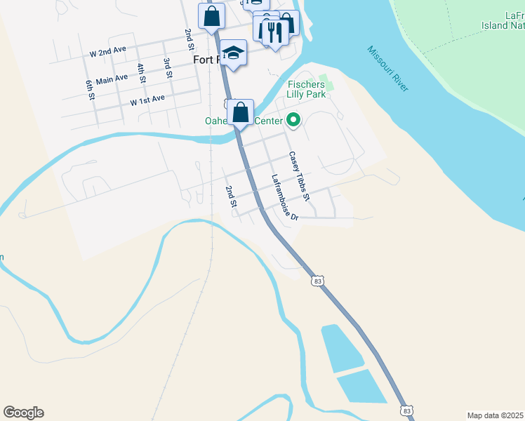 map of restaurants, bars, coffee shops, grocery stores, and more near 701 1st Street in Fort Pierre