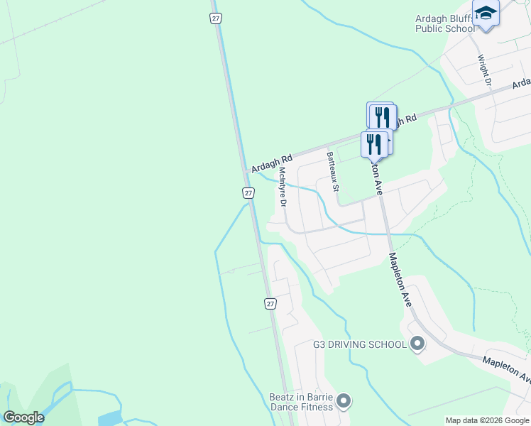 map of restaurants, bars, coffee shops, grocery stores, and more near 12 Purbrook Court in Barrie