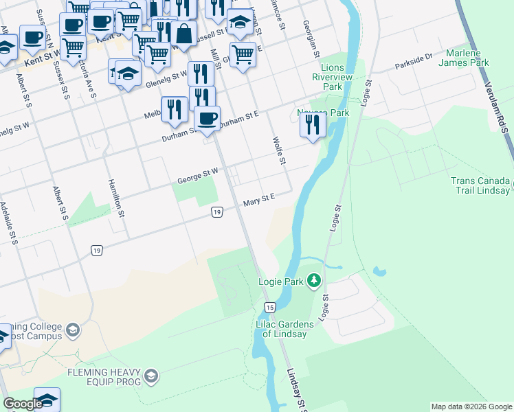 map of restaurants, bars, coffee shops, grocery stores, and more near 16 Mary Street East in Kawartha Lakes