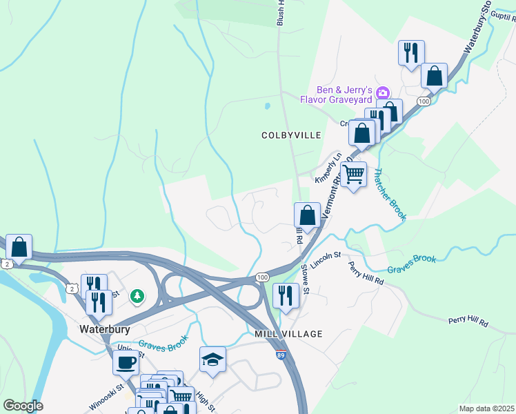 map of restaurants, bars, coffee shops, grocery stores, and more near 202 Acorn Drive in Waterbury Village Historic District
