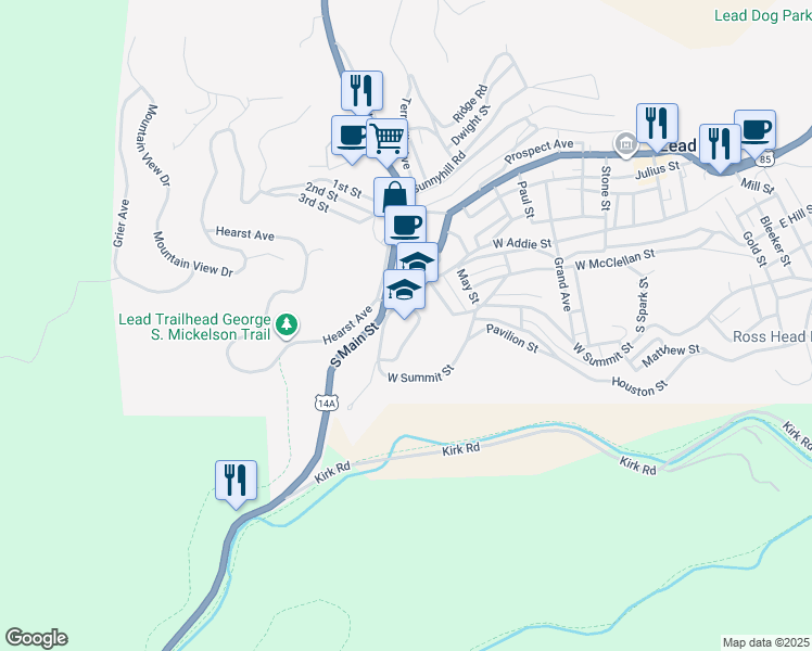 map of restaurants, bars, coffee shops, grocery stores, and more near 320 South Main Street in Lead