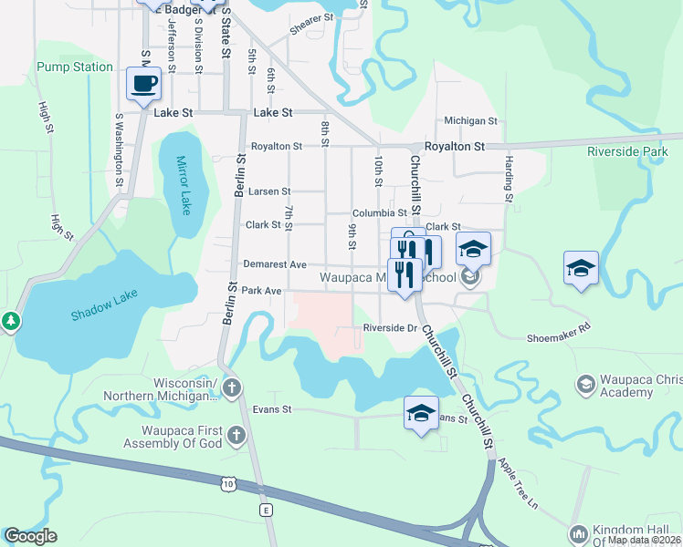 map of restaurants, bars, coffee shops, grocery stores, and more near 803 Demarest Avenue in Waupaca