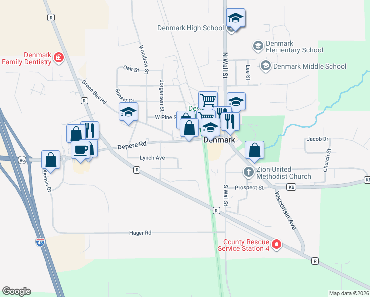 map of restaurants, bars, coffee shops, grocery stores, and more near 227 Depere Road in Denmark