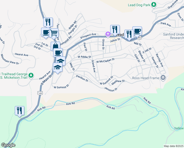 map of restaurants, bars, coffee shops, grocery stores, and more near 616 West Summit Street in Lead