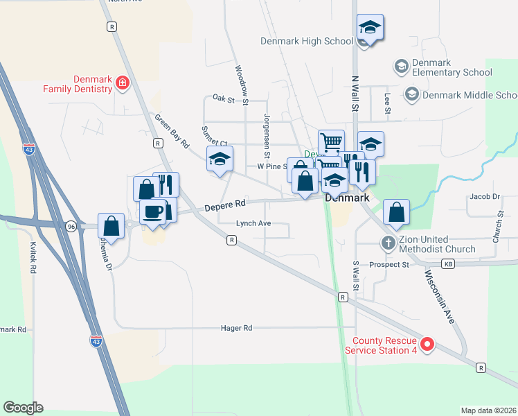 map of restaurants, bars, coffee shops, grocery stores, and more near 303 Depere Road in Denmark