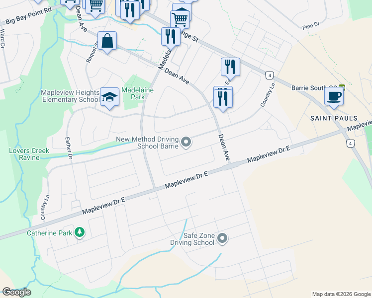 map of restaurants, bars, coffee shops, grocery stores, and more near 30 Jessica Drive in Barrie