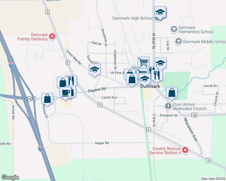 map of restaurants, bars, coffee shops, grocery stores, and more near 303 Depere Road in Denmark