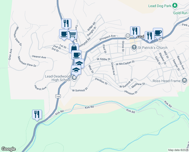 map of restaurants, bars, coffee shops, grocery stores, and more near 831 West Summit Street in Lead